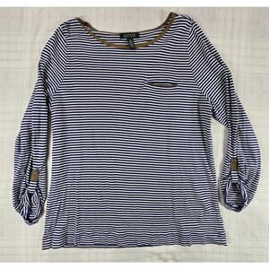 Lauren Ralph Lauren Womens Navy Stripe Shirt Roll Tab Sleeves Faux Suede Trim 1X